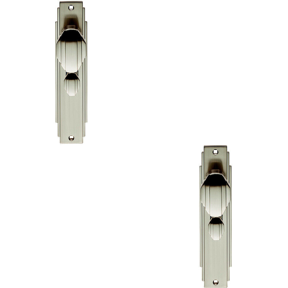 2x PAIR Line Detailed Door Knob on Bathroom Backplate 205 x 45mm Satin Nickel